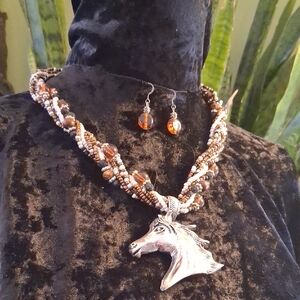 Silver Horse Pendant On A Layered Necklace and Earring Set.